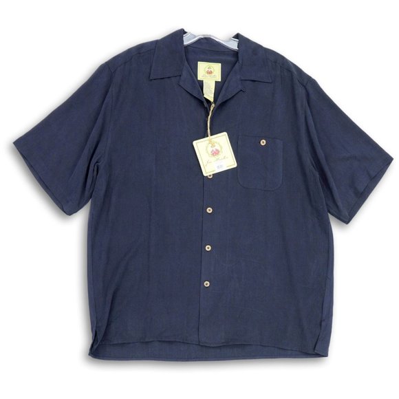 NWT JOE MARLIN SILK EMBROIDERED COCKTAIL ISLE NAVY BUTTON FRONT SHIRT LARGE - Picture 1 of 10